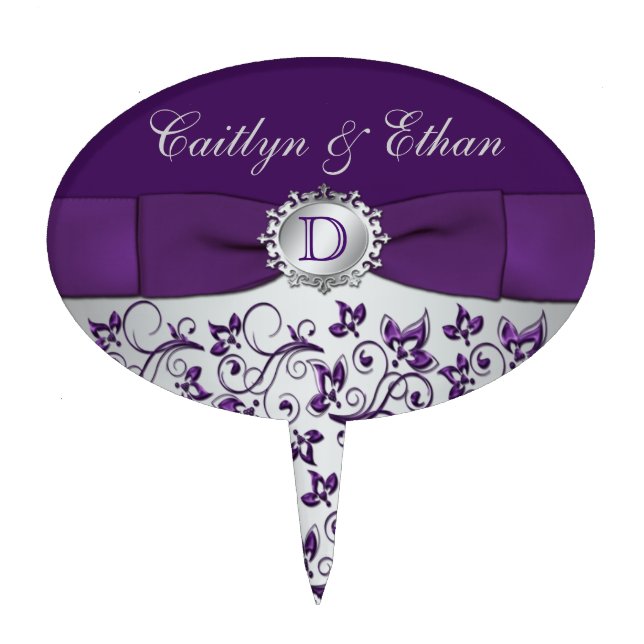 Monogram Purple Silver Floral Wedding Cake Pick (Front)