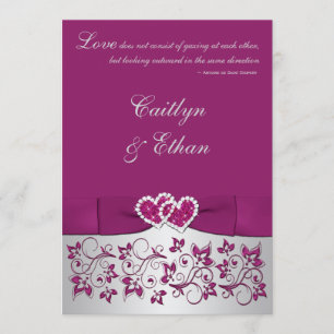 Monogram Purple, Silver Floral Wedding Invitation