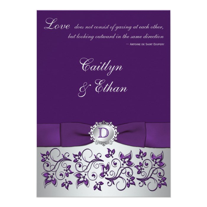 Monogram Purple, Silver Floral Wedding Invitation