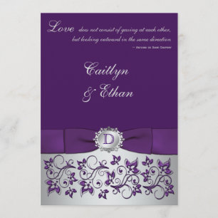Monogram Purple, Silver Floral Wedding Invitation