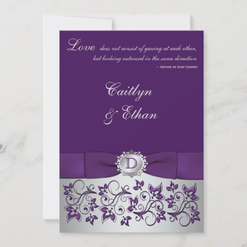 Monogram Purple, Silver Floral Wedding Invitation