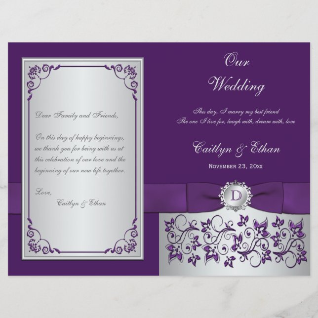 Monogram Purple, Silver Floral Wedding Program 2 (Front)