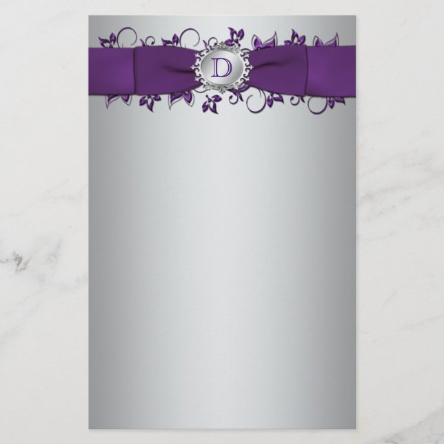 Monogram Purple, Silver Floral Wedding Stationery (Front)