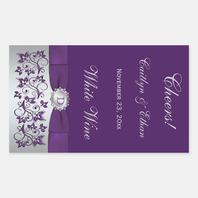 Monogram Purple, Silver Floral Wine Label Sticker (Front)