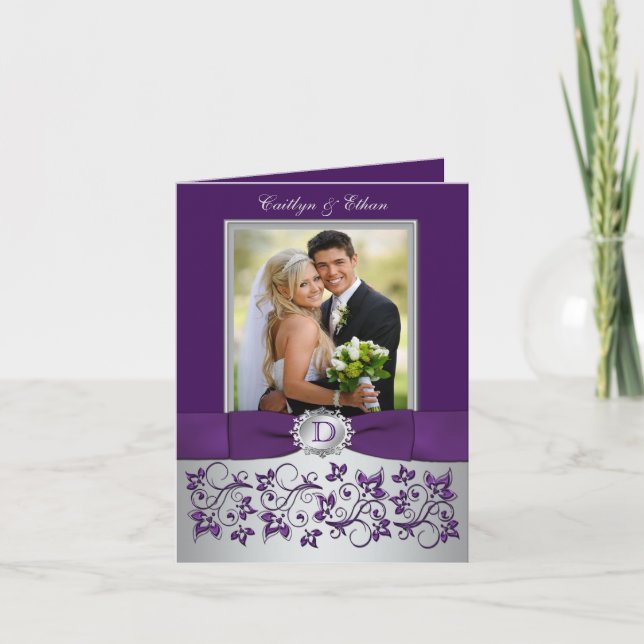 Monogram Purple, Silver Gray Floral Thank You Card (Front)