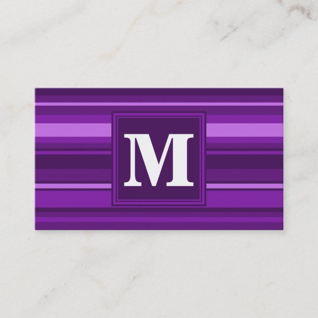 Monogram purple stripes business card (Front)