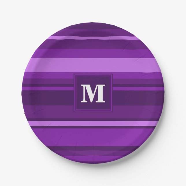 Monogram purple stripes paper plates (Front)