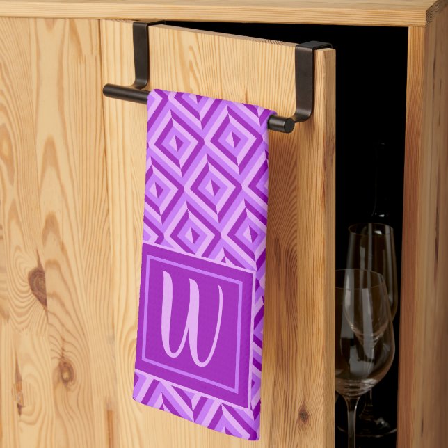 Monogram Purple Three-Tone Diamond Pattern Kitchen Towel (Thirds Fold)