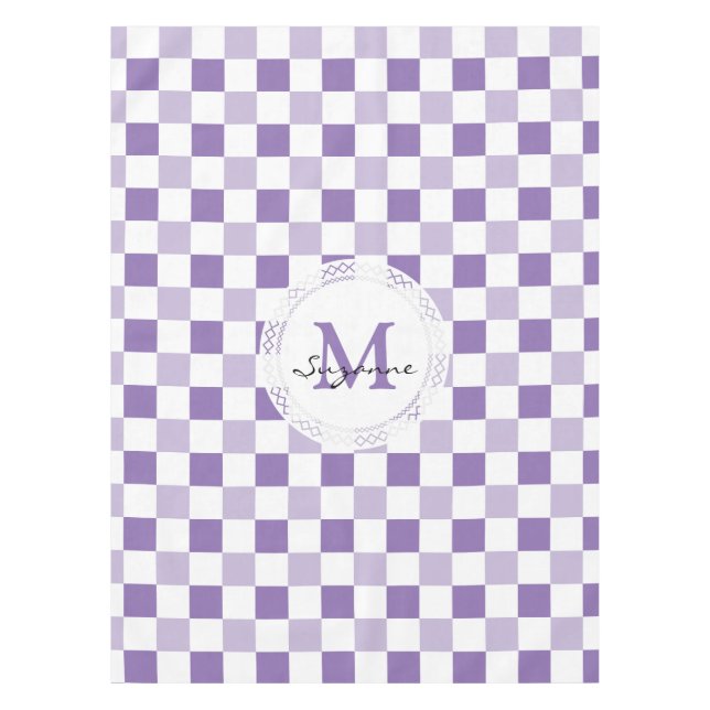 Monogram Purple Tone White Checkered Pattern Tablecloth (Front)