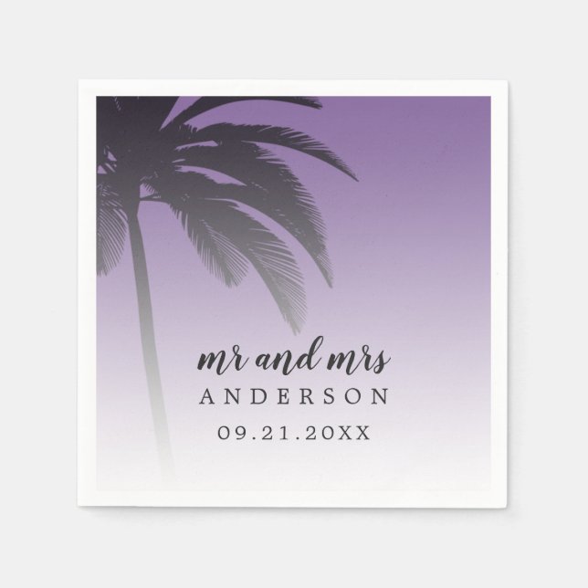 Monogram Purple Tropical Palm Tree Beach Wedding Napkins (Front)