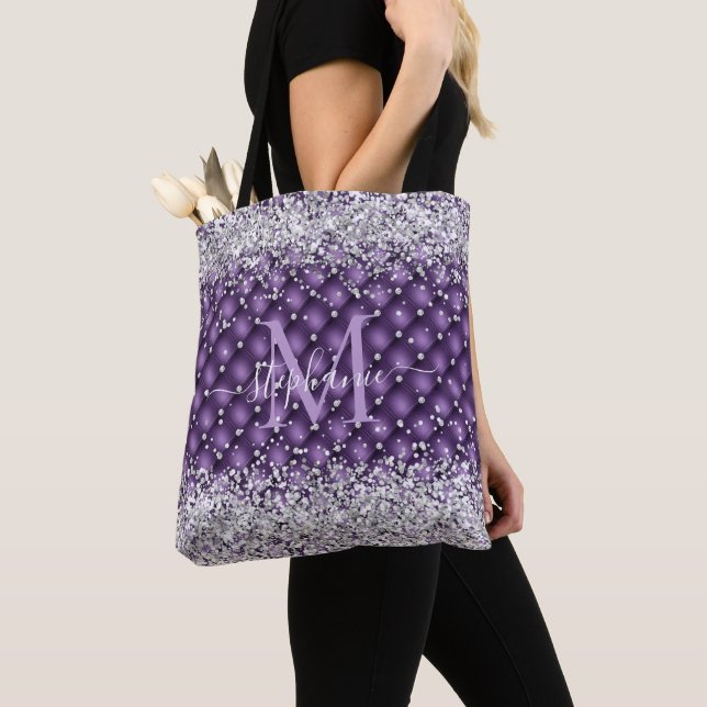 Monogram Purple Tufted Diamond Silver Glitter Glam Tote Bag (Close Up)