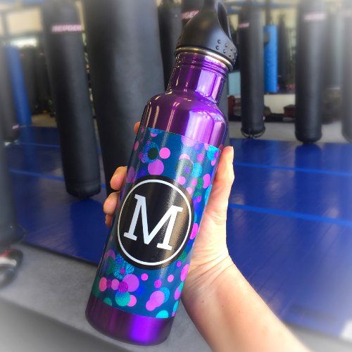 Monogram purple turquoise blue confetti dots teal stainless steel water bottle