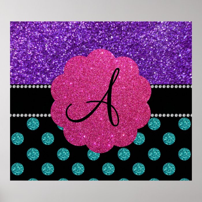 Monogram purple turquoise glitter polka dots poster