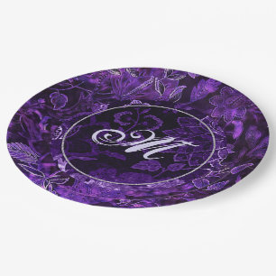Monogram Purple Vintage Floral Paper Plates