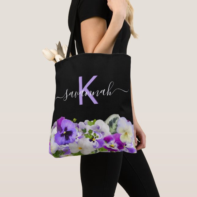 Monogram purple violet black florals script tote bag (Close Up)
