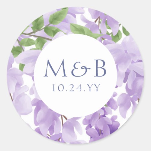 Monogram Purple Watercolor Wisteria Floral Wedding Classic Round Sticker