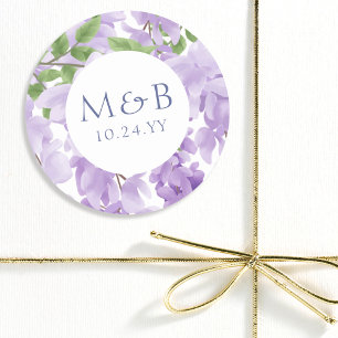 Monogram Purple Watercolor Wisteria Floral Wedding Classic Round Sticker