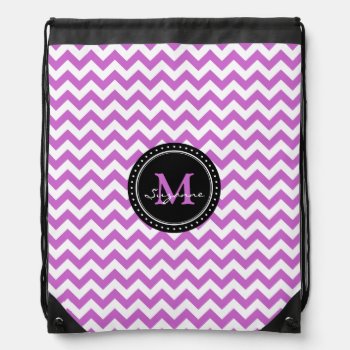 Monogram Purple White Abstract Chevron Drawstring Bag by BestPatterns4u at Zazzle