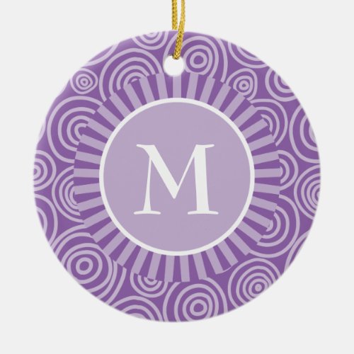 Monogram Purple White Spirals _ Personalized Ceramic Ornament