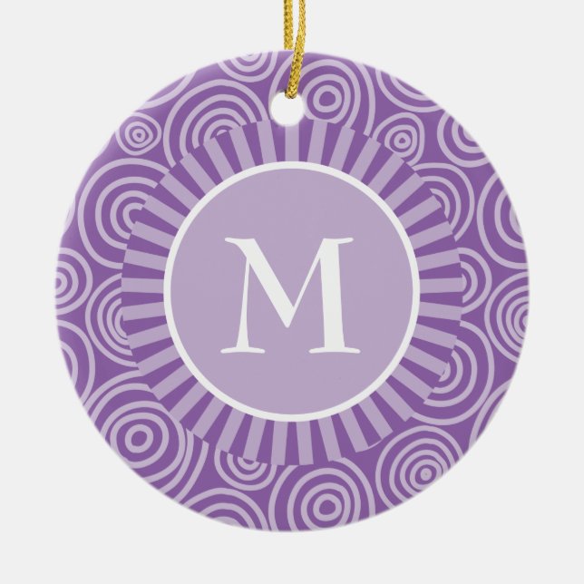 Monogram Purple White Spirals - Personalized Ceramic Ornament (Front)