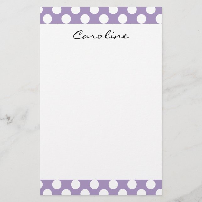 Monogram Purple White Trendy Fun Polka Dot Pattern Stationery (Front)