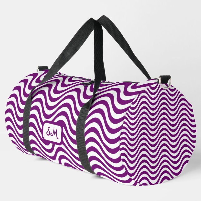 Monogram Purple White Wavy Stripes Psychedelic Duffle Bag (Left Corner)