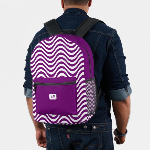 Monogram Purple White Wavy Stripes Psychedelic Printed Backpack