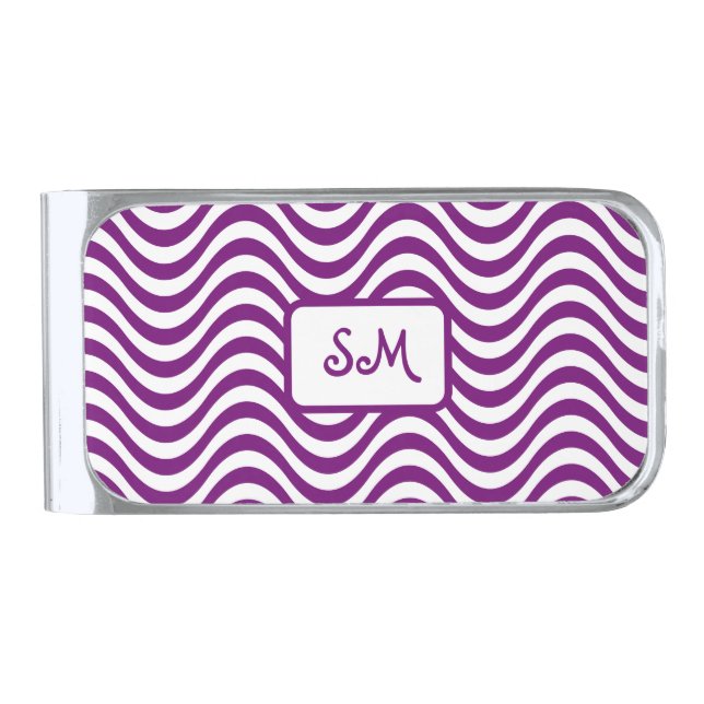 Monogram Purple & White Wavy Stripes Psychedelic Silver Finish Money Clip (Front)