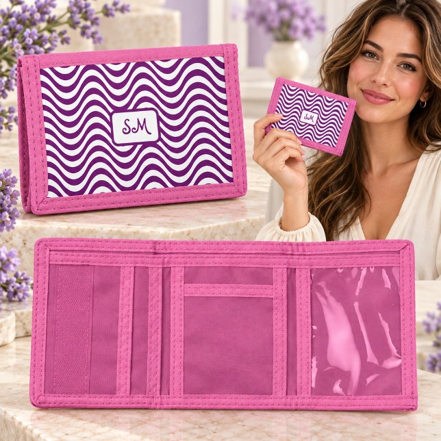 Monogram Purple & White Wavy Stripes Psychedelic Tri-fold Wallet (Monogram Purple & White Wavy Stripes Psychedelic Tri-fold Wallet)
