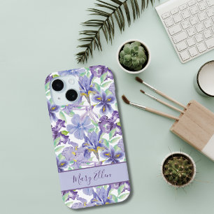 Monogram Purple Yellow Iris Floral Watercolor iPhone 15 Case