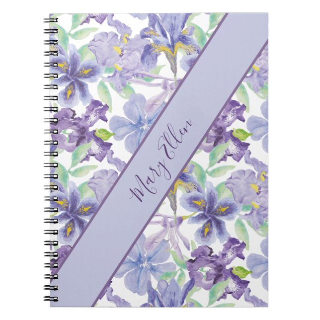 Monogram Purple Yellow Iris Floral Watercolor Notebook (Front)