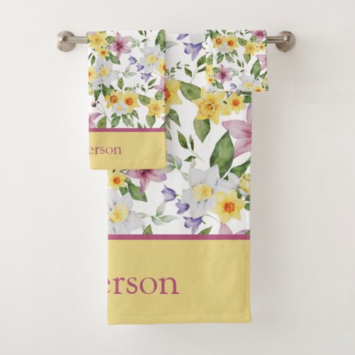 Monogram Purple Yellow White Green Floral Chic Bath Towel Set