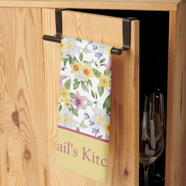 Monogram Purple Yellow White Green Floral Chic Kitchen Towel (Thirds Fold)