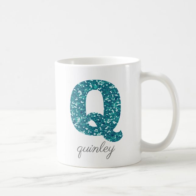Monogram Q Aqua Glitter Personalized Mug (Right)