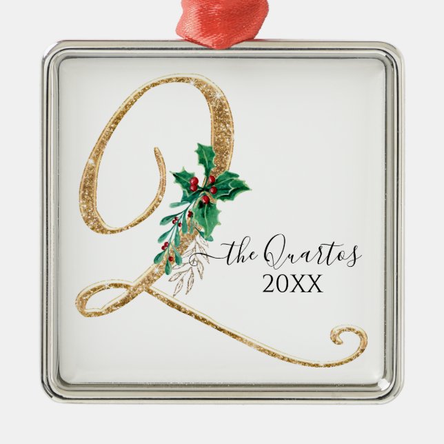 Monogram Q Gold Glitter Christmas Holly Foliage Metal Ornament (Front)