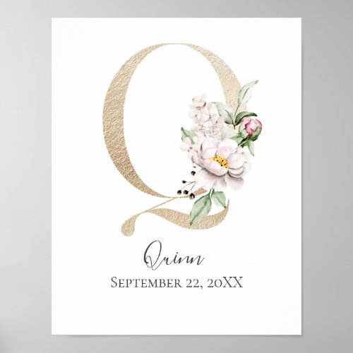 Monogram Q Pink White Floral Gold Letter Nursery  Poster