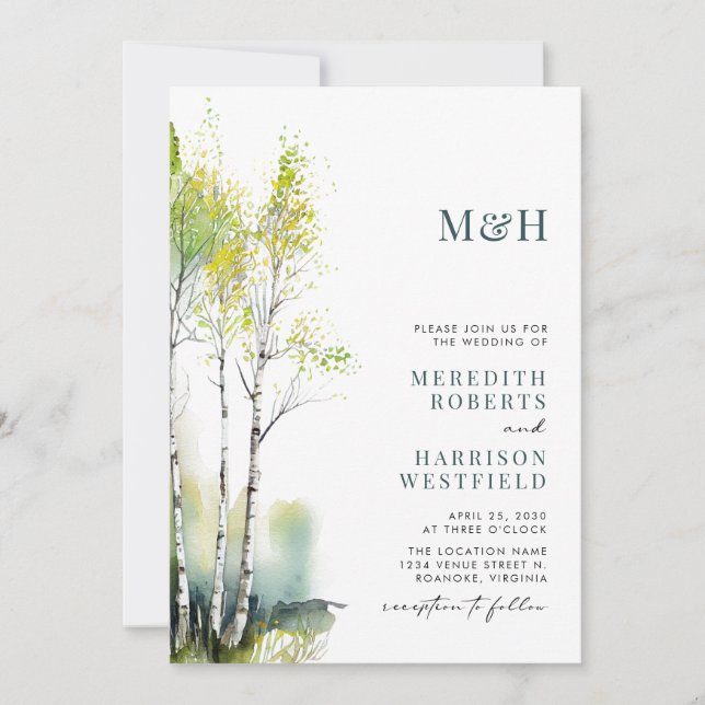 Monogram QR Code Birch Forest Woodland Wedding Invitation (Front)