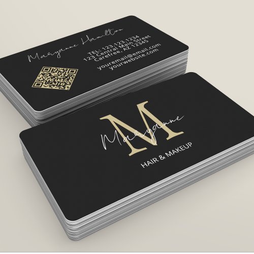 Monogram QR Code Black Gold Business Card