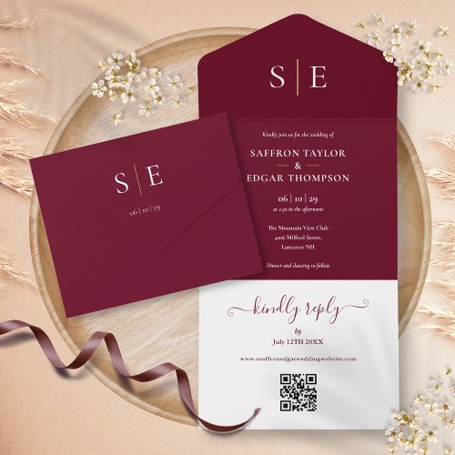 Monogram QR Code Burgundy And Gold Wedding All In One Invitation