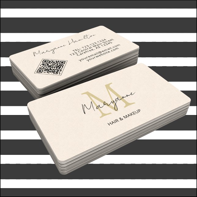 Monogram QR Code Cream Business Card (Creator Uploaded)