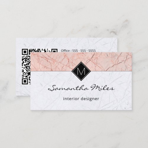 Monogram QR Code Elegant Rose Gray Marble Business Card