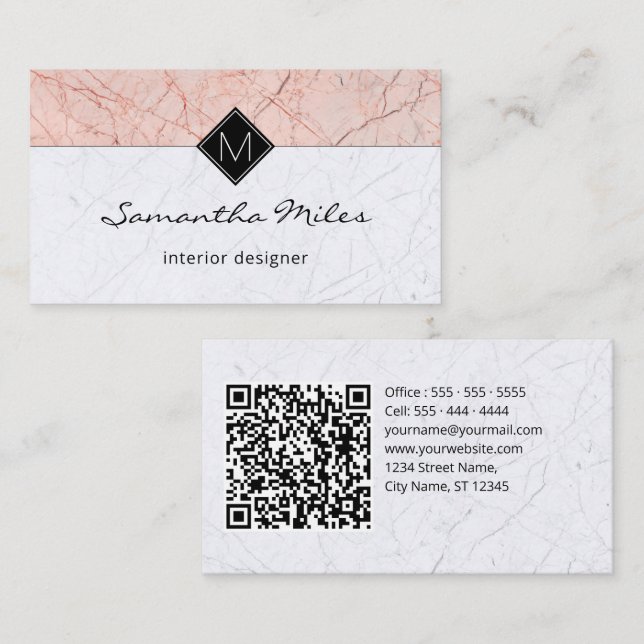Monogram QR Code Elegant Rose Gray Marble Business Card (Front/Back)