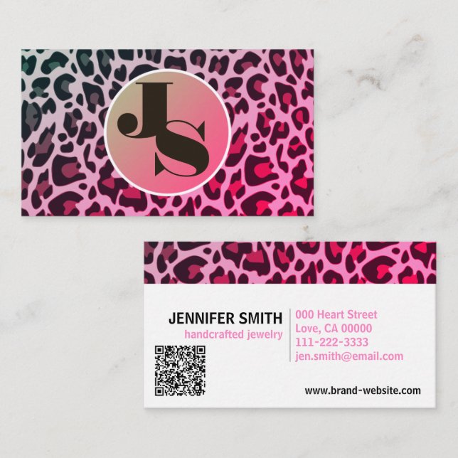 Monogram QR Code Leopard Print Rockabilly Pink Business Card (Front/Back)
