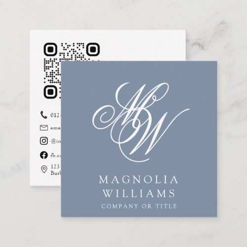 Monogram QR Code Minimalist Blue Square Business Card