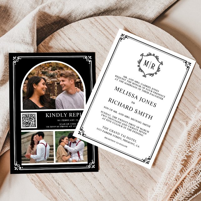 Monogram QR Code Photo Collage Black White Wedding Invitation (Creator Uploaded)