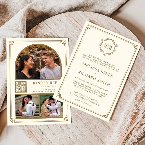 Monogram QR Code Photo Collage Cream Gold Wedding Invitation