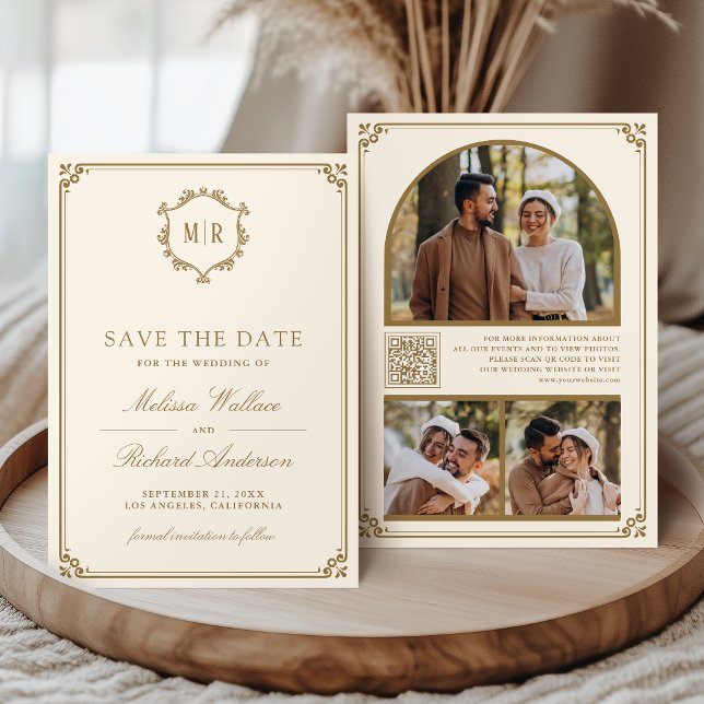 Monogram QR Code Photo Collage Cream Gold Wedding Save The Date (Creator Uploaded)