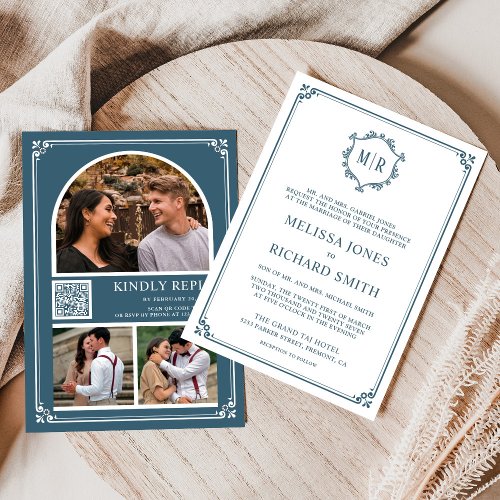 Monogram QR Code Photo Collage Dusty Blue Wedding Invitation