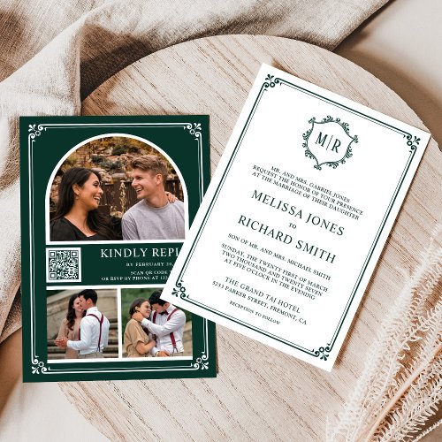 Monogram QR Code Photo Collage Emerald Wedding Invitation
