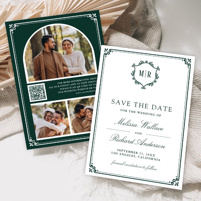 Monogram QR Code Photo Collage Emerald Wedding Save The Date (Creator Uploaded)
